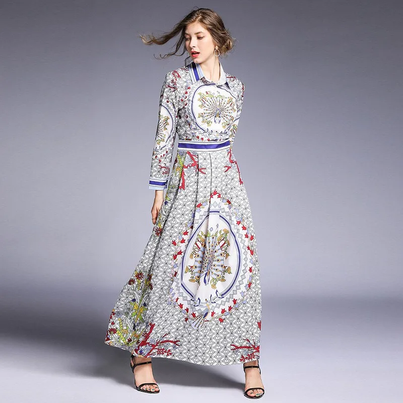

2019 New Runway Women High Quality Luxury Print Long Shirt Dress Spring European Vintage Casual Party Dresses Robe Femme Vestido
