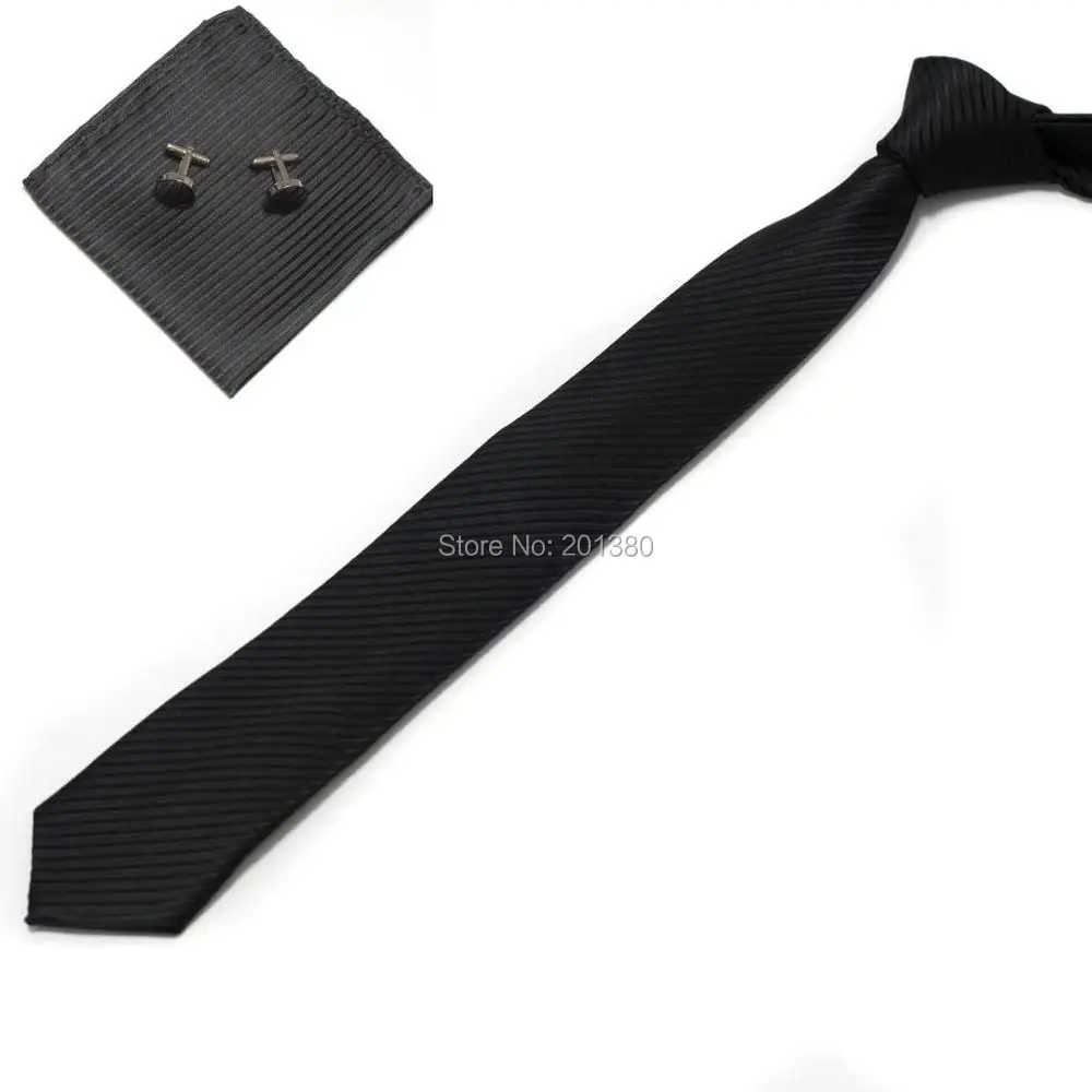 

2018 Solid black men's slim neck tie set Handkerchief cufflinks