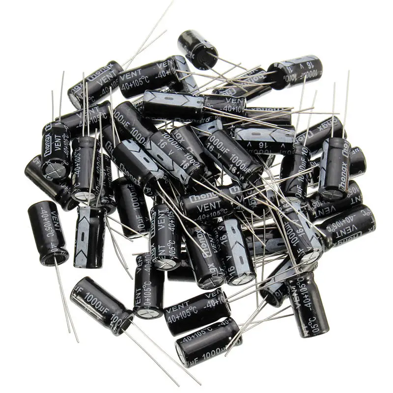 

New Arrival High Quality 50Pcs Electrolytic Capacitors Assortment Kit 1000uF 16V 105 Celsius Radial Capacitor Set 8x17mm