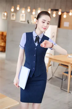 

2018 Summer Formal 2 Piece Blazer Suits With Skirt and Tops Sets Striped Uniform Styles Vest & Waistcoat Office Ladies Work Wear