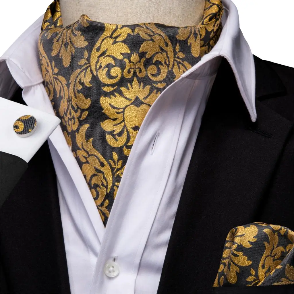 

Yellow Ascot Tie for Men Gold Cravat Floral Silk Scarf Ties Pocket Square Cufflinks Set for Party Wedding Tie Hi-Tie AS-1007
