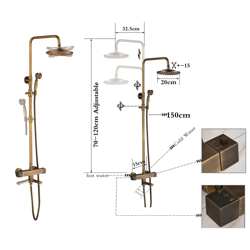 Термостатический смеситель для душа, набор с двойной ручкой, античная латунь, для ванны, смеситель для душа, набор, 8 дюймов, дождевая насадка для душа с ручным душа
