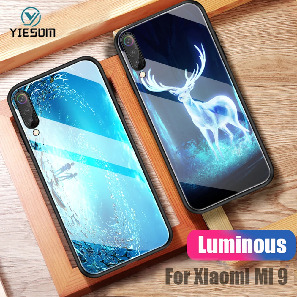 Светящийся чехол из закаленного стекла для Xiaomi Mi 9 мягкие ТПУ Силиконовые чехлы