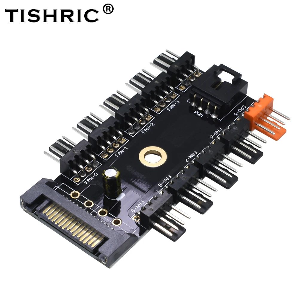 TISHRIC Black 1 to 10 PC Cooler Cooling Fan Hub Splitter Cable Pwm SATA 12V Power Supply Speed Controller Adapter For Mining