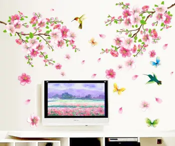 

Large Wall Art Sticker Elegant Graceful Peach Blossom Birds Tree Home Decals Wall Stickers Floral Bedroom Sitting Room Flower