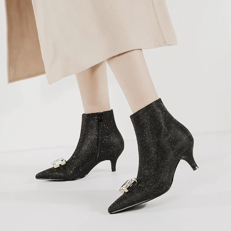 

Rhinestone luxury Boots Zip Bling High Heels Shoes Women Ankle Boots Zapatos mujer Black Gold silver gray Ladies Winter Booties