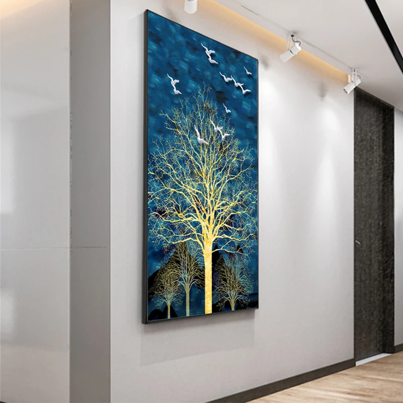 Большой Размеры Wall Art абстрактный Золотой дерево картина синий ночного звездного