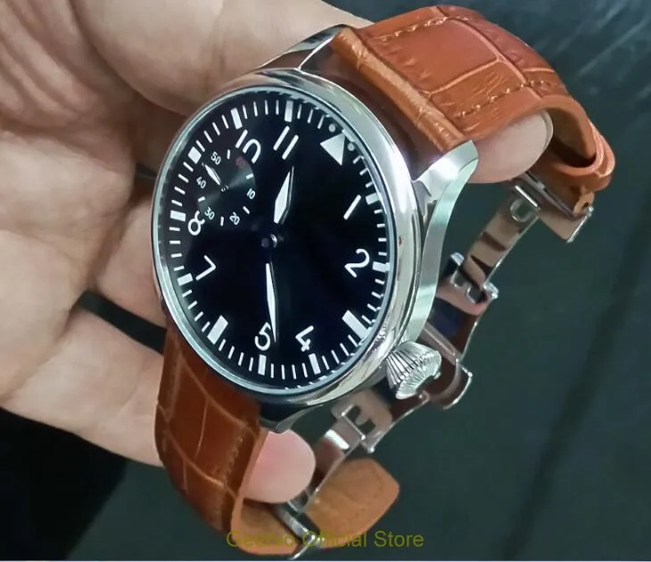 

44mm GEERVO black dial Asian 6497 17 jewels Mechanical Hand Wind movement men's watch green luminous butterfly buckle 116