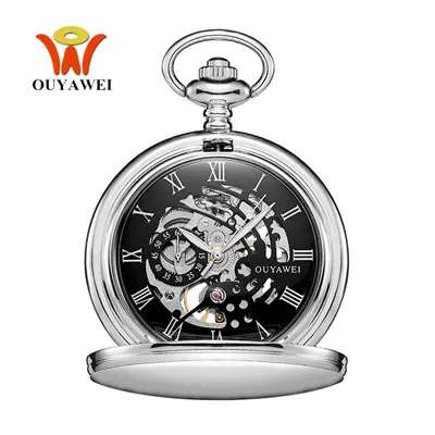 Модные карманные часы Relogio OYW, механические наручные часы со скелетом, мужские ретро карманные часы с подвеской, мужские часы Montre Homme - Цвет: Silver Black