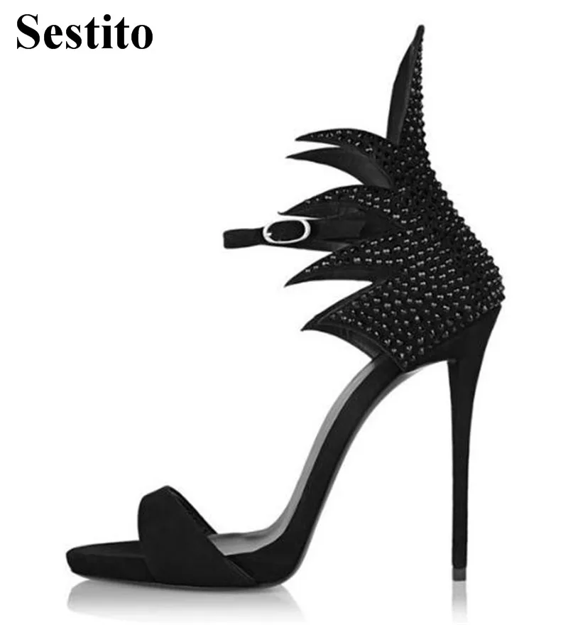 

New Design Women Peep Toe Solid Turned-over Edge Sandals Sexy Crystal Super High Thin Heels Buckle Strap Cover Heel Party Shoes