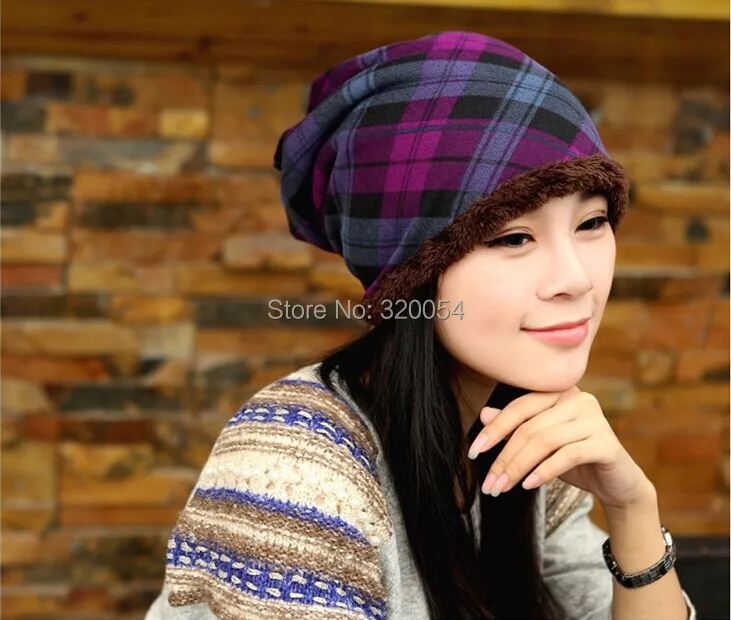 

1 Pcs 2014 New Winter Warm Knitted Cap Fashion Women Grid Add Wool Hat 3 Colors Free Shipping