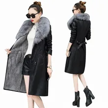 Зимние толстые теплые женские кожаные куртки с большим меховым воротником, женские пальто из искусственной кожи размера плюс, тонкий ремень с отворотами из искусственной кожи PY23