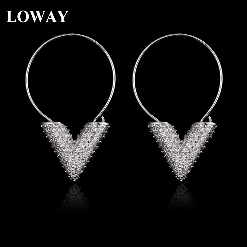 LOWAY букву &quotV&quot Белый &amp Rose Цвет CZ HoopEarrings для Для женщин Дата вечерние аксессуары