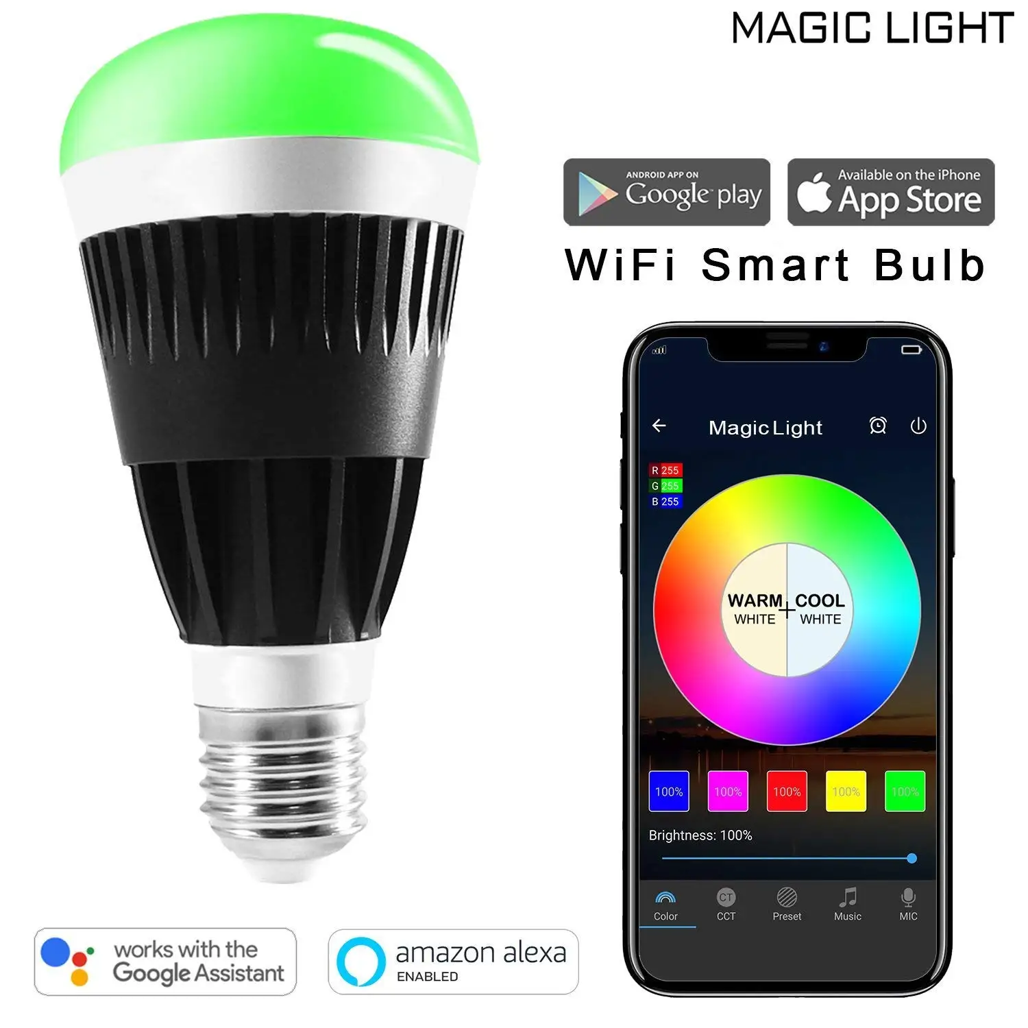 WiFi LED Light Bulb 80w Equivalent Wake Up Lights Dimmable Color