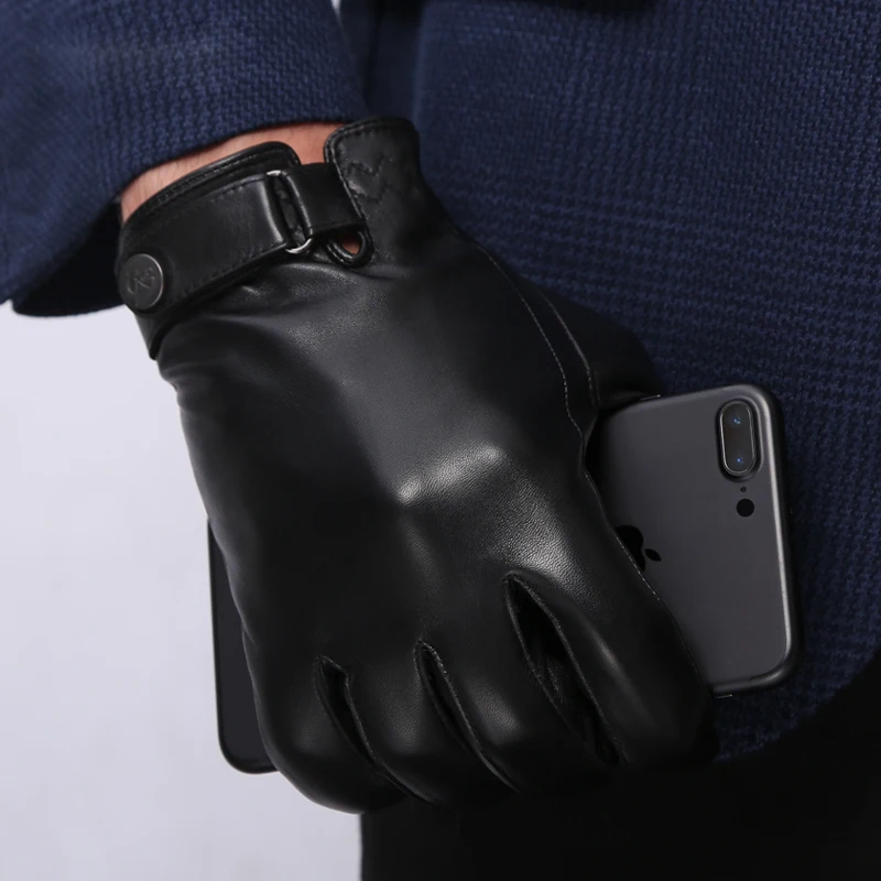 

NEW Genuine Leather Gloves Male Winter Keep Warm Plush Lined Sheepskin Gloves Fashion Black Wrist Buckle Driving Mittens NM182-9