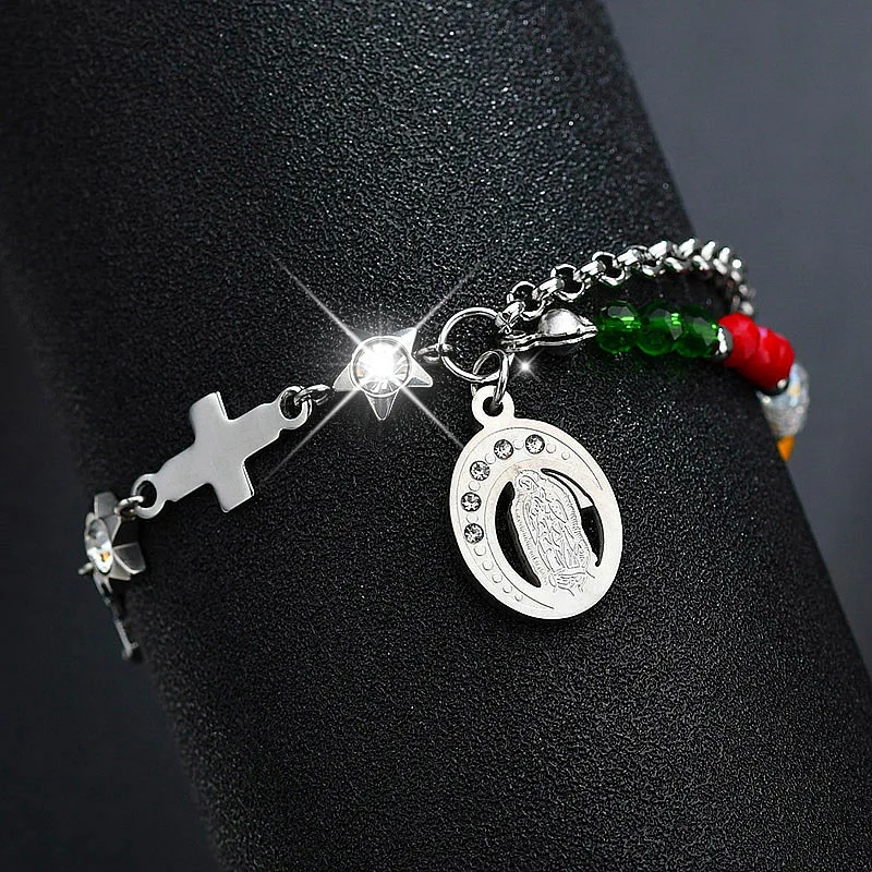 

Fashion Charms Bracelet Beads Colorful Crystal Cross Virgin Mary Guadalupe Bracelet for Women Religious Stainless Steel Jewelry