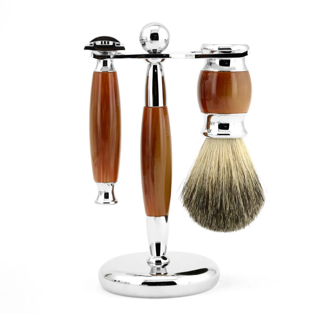 

ZY Men Luxury Shaving Set Double Edge Safety Shaving Razor Imitation Agate Knife Badger Hair Brush Stand Holder Best Present