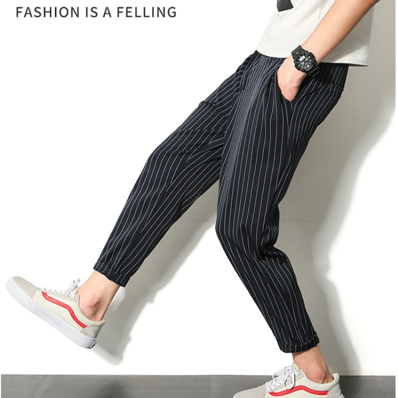 Повседневное шнуровкой до щиколотки; Длина штаны, мужские брюки в стиле хип-хоп, в полоску, брюки мужские тренировочные брюки японский