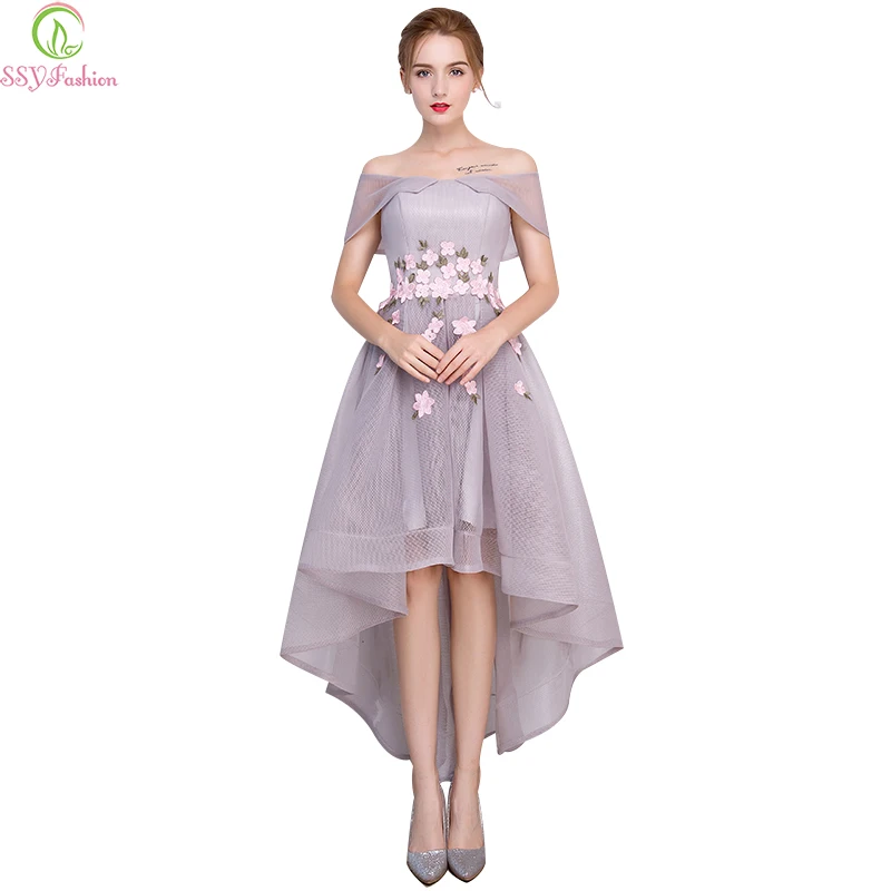 

Robe De Soiree SSYFashion Elegant Grey Flower Cocktail Dresses High/low Short Front Long Back Banquet Party Formal Gown custom