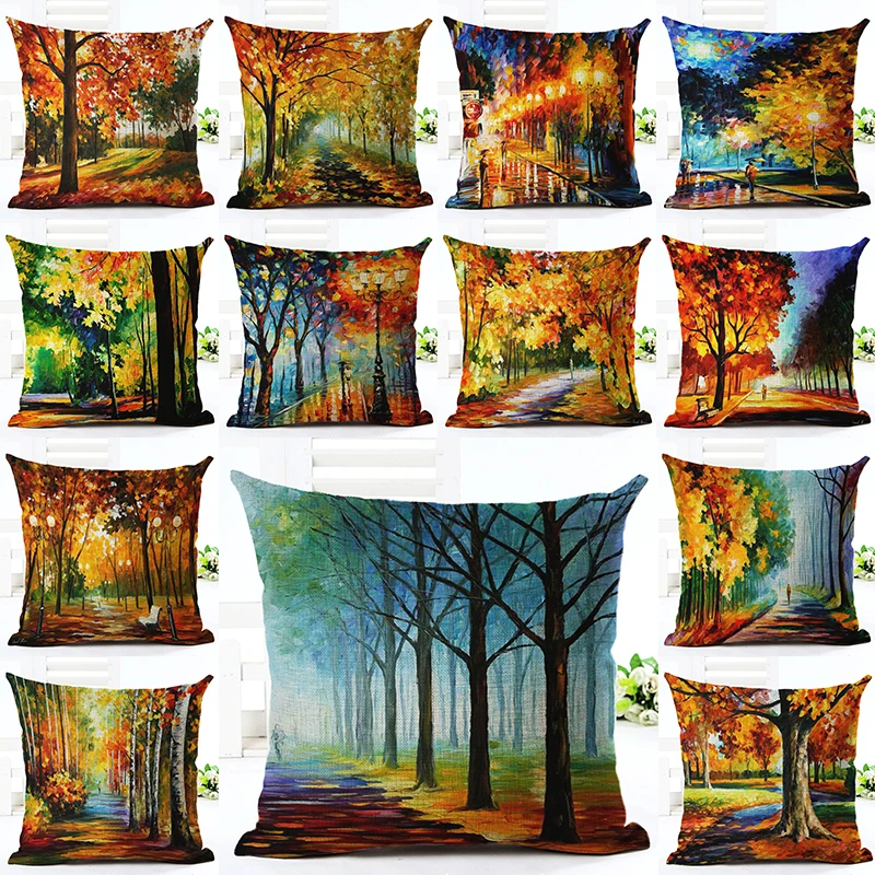 

2017 High Quality Scenery Colorful Tree Pillow Almofadas Linen Pillow Decorative Linen Cushion Without Filling