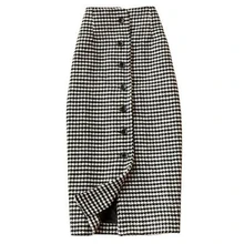 Женские весенние однобортные прямые юбки размера плюс с геометрическим рисунком в стиле ампир из 50% шерсти до колена, Женская Осенняя тонкая плотная Теплая юбка