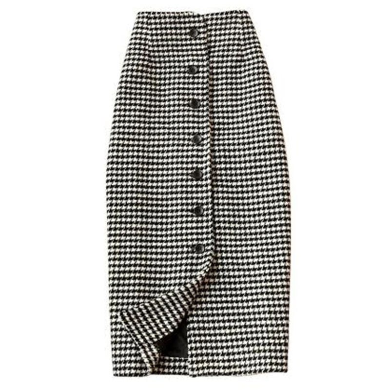 

Woman Spring Plus Size Empire Geometric Single-breasted Straight 50% Wool Knee-length Skirts Female Autumn Slim Thick Warm Skirt
