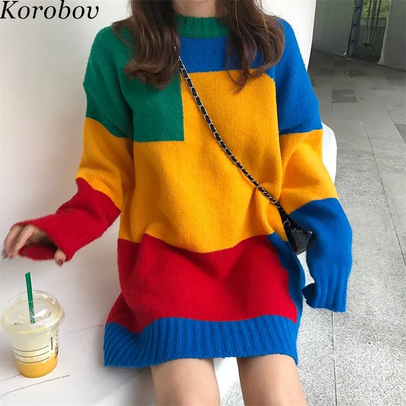 

Korobov Vintage 2019 New O-Neck Sweaters Korean Patchwork Female Sweaters Colorful Long Mujer Pullovers Jumper 76478