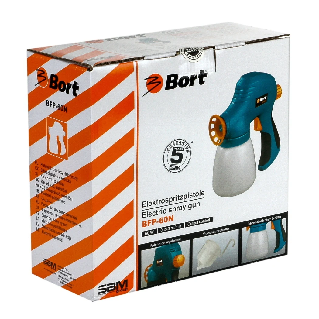 Распылитель электрический Bort BFP-60N (Мощность 60 Вт, регулировка подачи краски, производительность 240 мл. в мин., ёмкость бачка 800 мл)