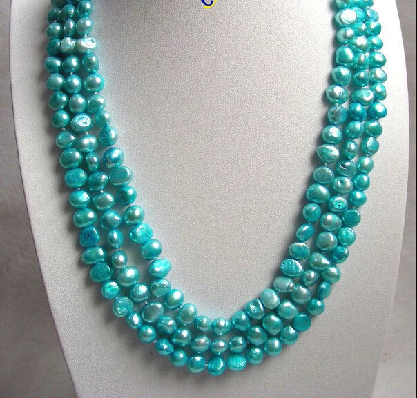 

Genuine 16" baroque 3row sky blue freshwater pearls necklace j7346