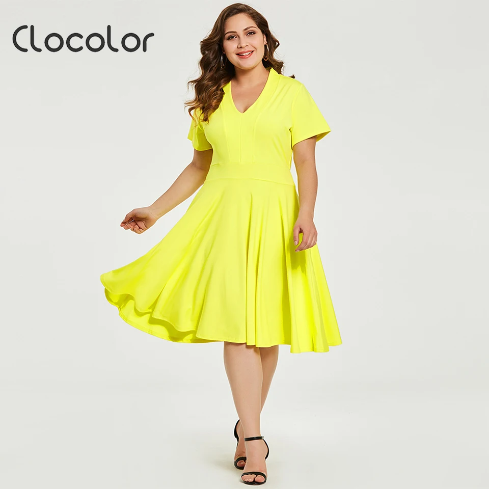 Buy Women Plus Size Dress Elegant V Neck Yellow Short