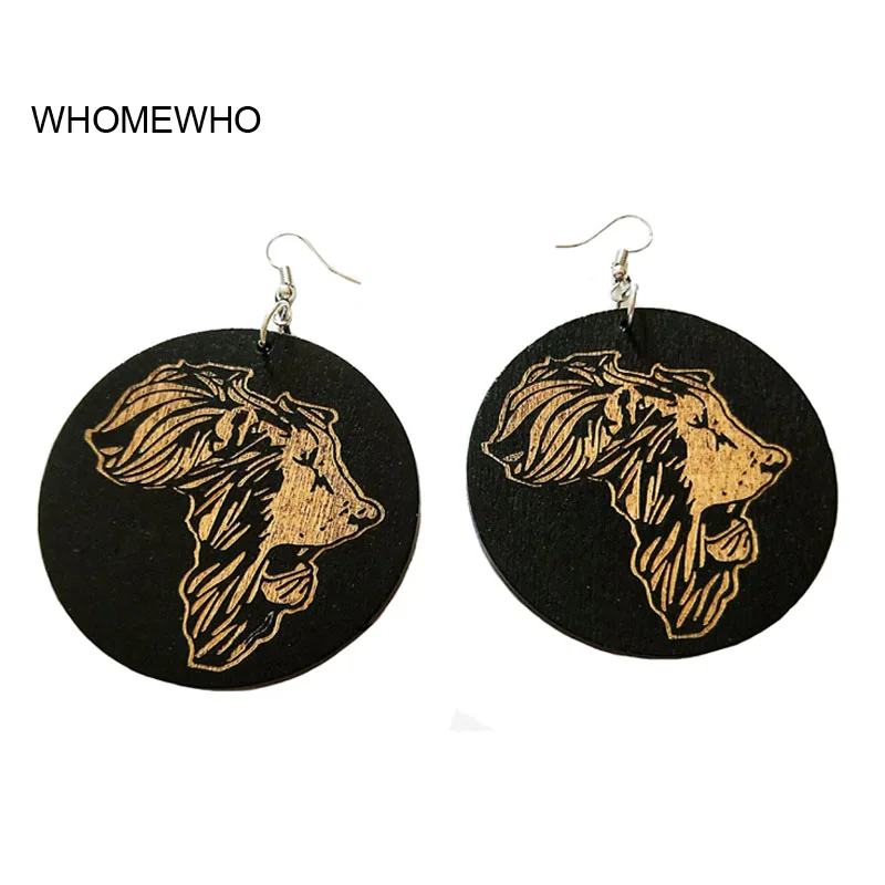 

60cm Wood Round Africa Map Engraved Black Lion Head Tribal Earrings Fashion DIY Wooden Ethnic Accessory African Jewelry Gifts