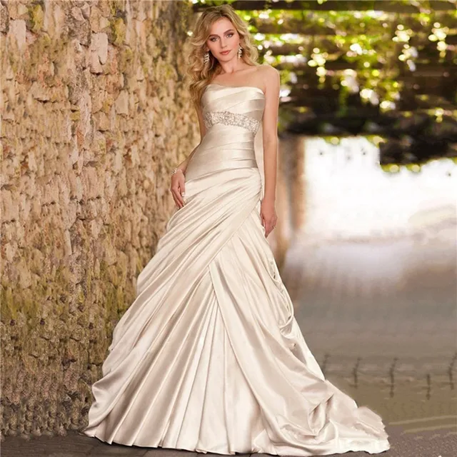Vestidos De Novia Strapless Rous Satin Wedding Dress Pleated Vestidos De Novia Strapless Rous Satin Wedding Dress Pleated Skirt Casamento Bridal Sash Custom Made Ed