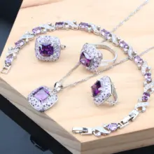 Свадебные ювелирные наборы фиолетовый кубический цирконий для женщин серебро 925 Ювелирный Браслет Кольцо Клипсы Серьги Ожерелье Набор June ONO