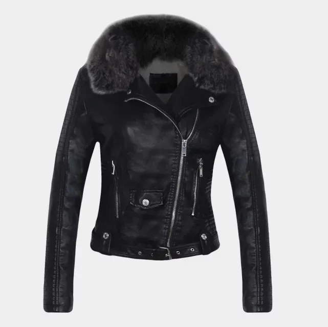 Зимняя Новая женская модная теплая куртка из искусственной кожи с меховым воротником, Женская куртка белого, черного, розового цвета для езды на мотоцикле