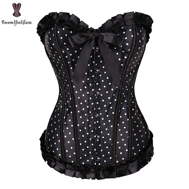 

High quality waist trainer lace up corselet slimming waist women vintage bustier polka dot corset Satin Overbust Lace Up Korsett