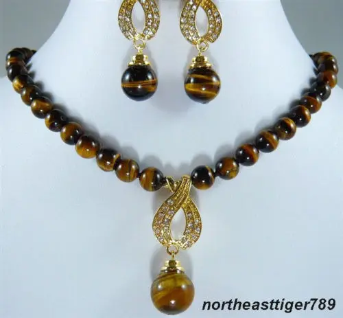 

hot sell new - Real Tigereye Opal 18KGP Crystal Pendant Necklace Earrings