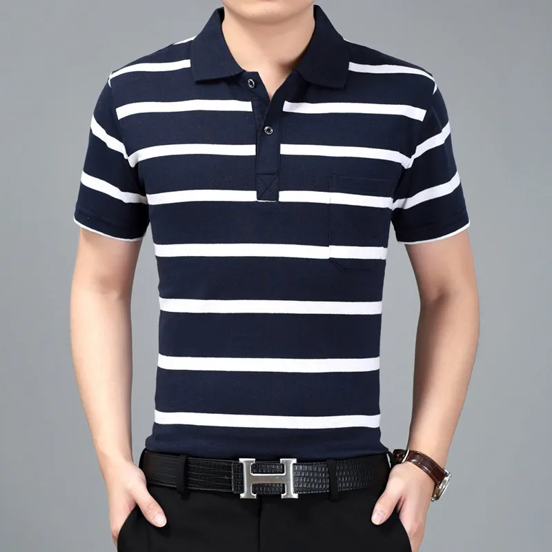 Классические рубашки мужские синие полосатые рубашки поло деловые с коротким рукавом модные мужские поло Повседневные рубашки с контрастным воротником брендовая одежда