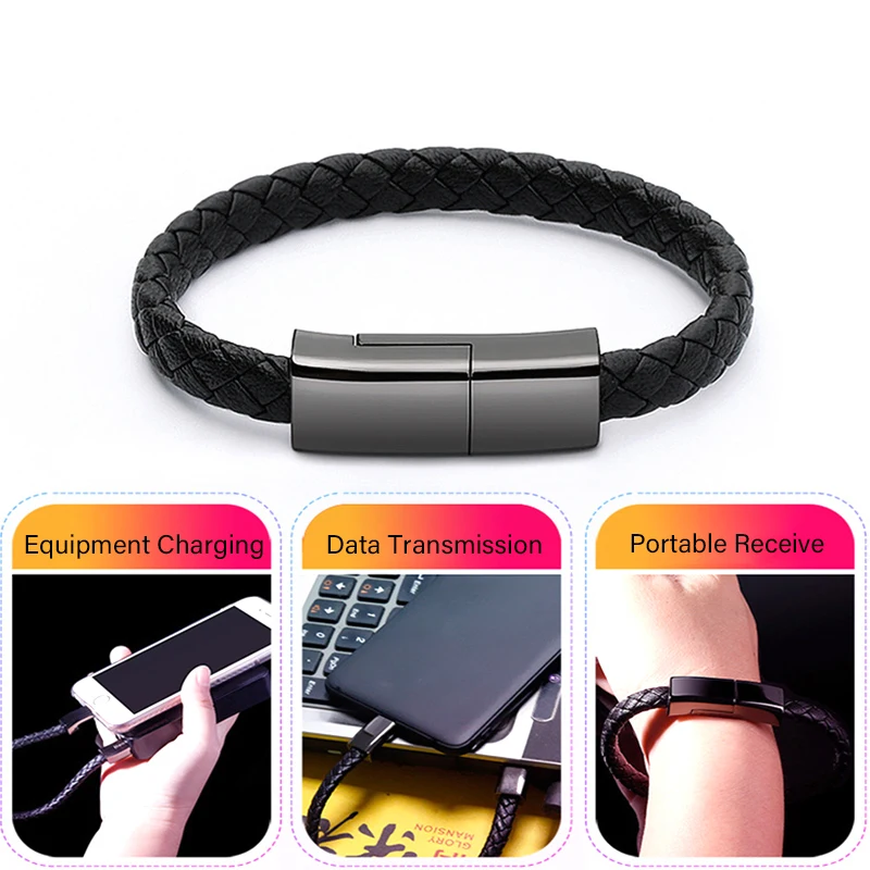 

Luxury USB Cable Bracelet Mobile Phone Data Sync Leather Bracelets Charging Cable For iPhone X Xiaomi Portable Charger Wire Cord