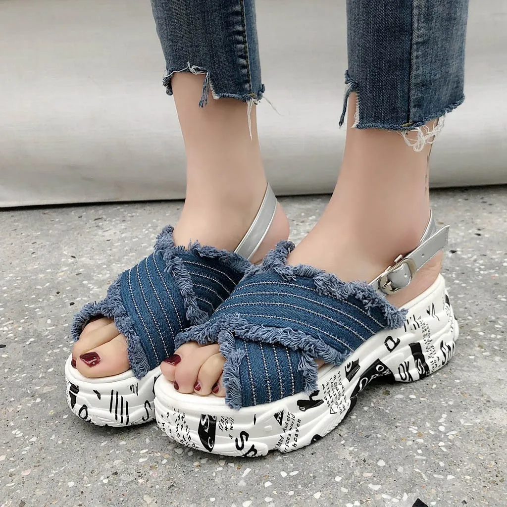 

Summer Wedges Sandals Women Shoes 2019 Denim Platform Sandals Women Buckle Thick Bottom Beach Sandals Casual Sandales Femme