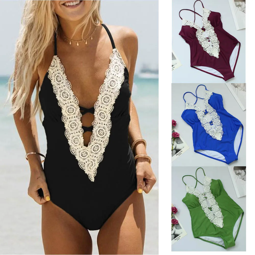 patchwork lace one piece swimming bottom