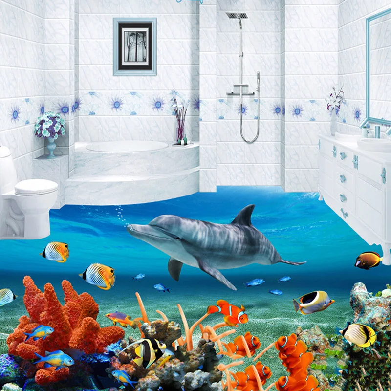 

3D Wallpaper Customized Waterproof 3D Floor Wall Mural For Bathroom Sea World Dolphin Living Room PVC Self-adhesive Wall Papers