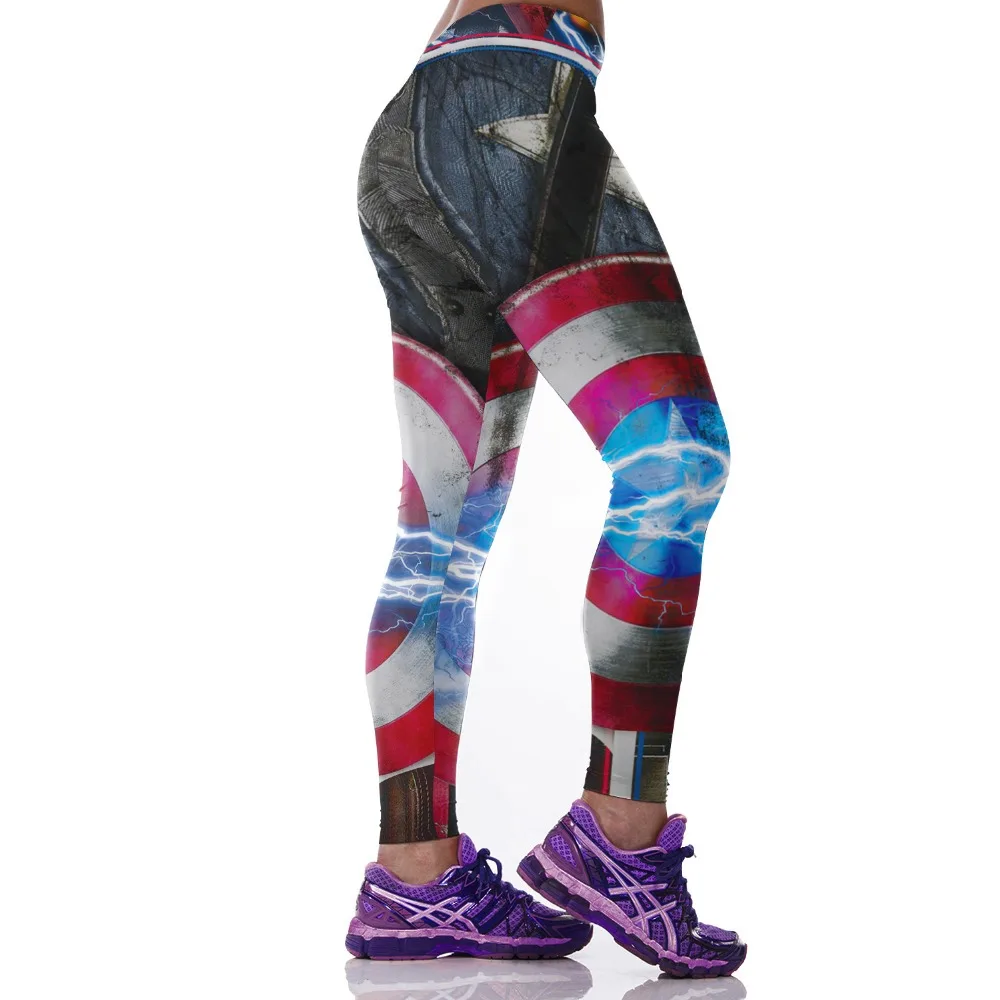 

SzBlaZe Womens Captain America Printed Leggings High Waist Elastic Sportswear Casual Long Pants Leggin Super Hero Iron Man Thor