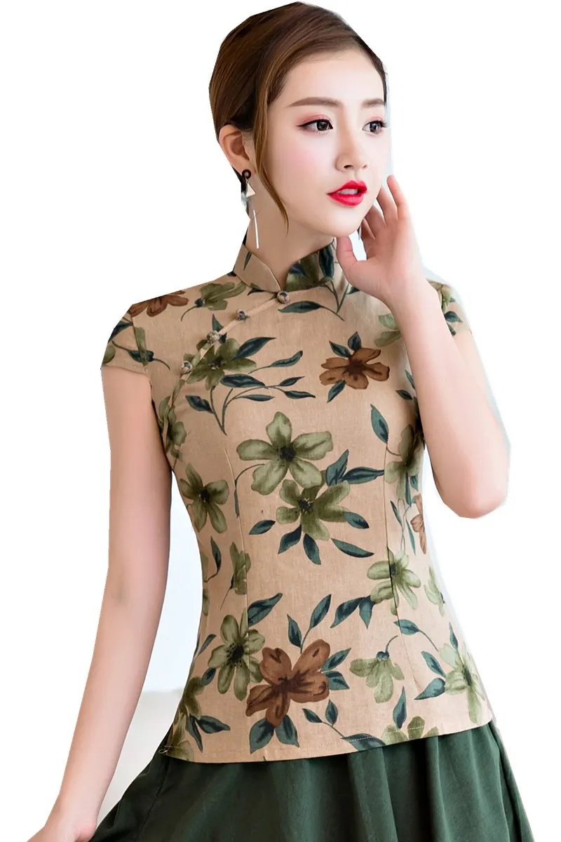 Шанхай история Традиционный китайский топ с коротким рукавом цветочный cheongsam Топ Традиционный китайский Топ однотонная блузка для женщин