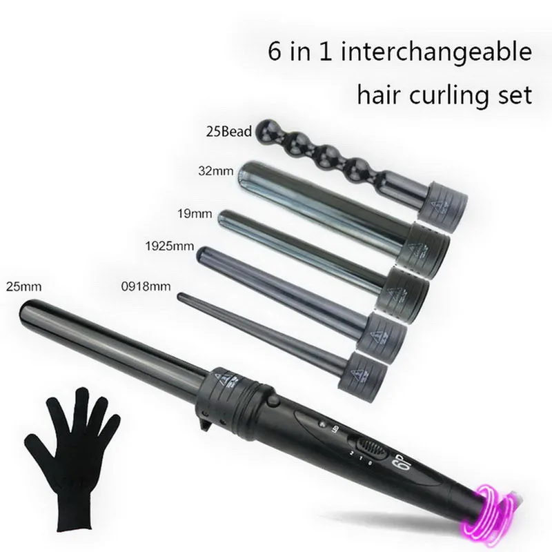 

Professional 6 In 1 Ceramic Curling Iron Interchangeable Hair Curler waver LED display Curling Wand roller With Resistant Glove