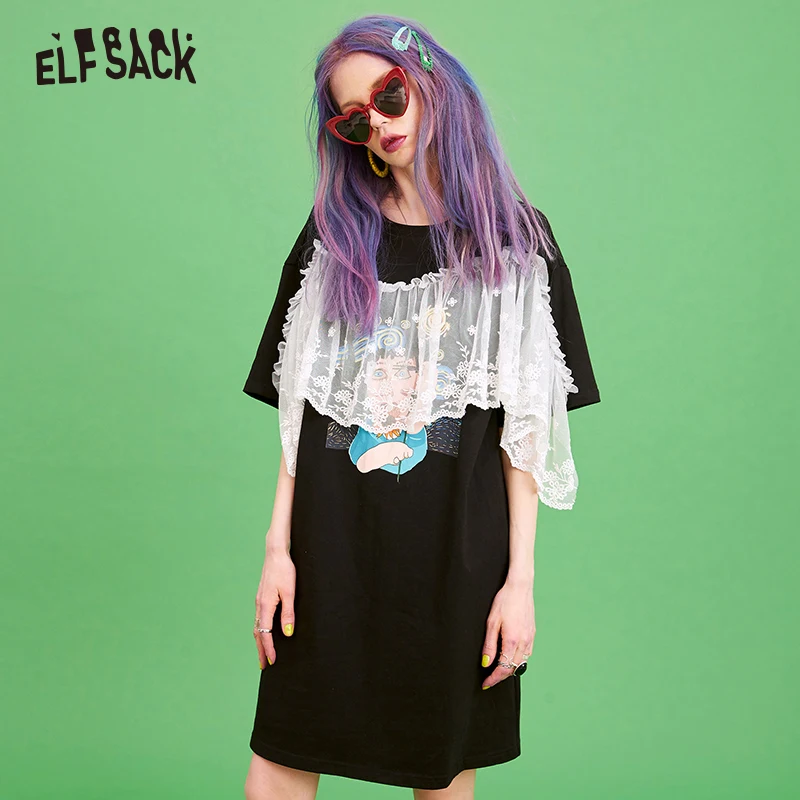 

ELF SACK Cotton Casual Women Dresses Fashion Loose Lace Patchwork Woman Dress Streetwear 2019 New A-line Woman Holiday Dresses