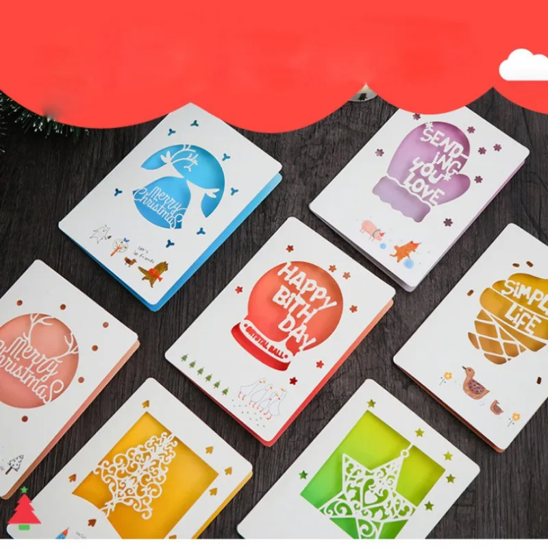 

4 pcs Hollow out Merry Christmas card Santa elk folding message card with envelope Christmas blessing greeting card Gift cards
