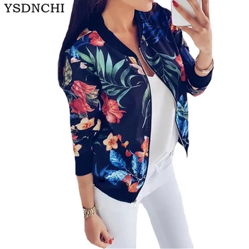 

YSDNCHI Women Jacket Fashion Ladies Retro Floral Zipper Up Bomber Jacket Casual Coat Autumn Spring Print Outwear Women Clothes