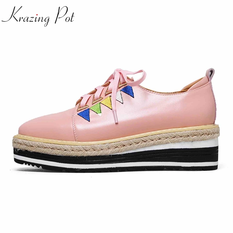 

Krazing Pot recommend Autumn cow leather wedges thick bottom high heels straw sole pumps lace up mixed color Oxford shoes L92