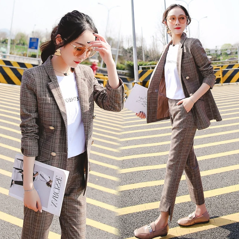 

Spring Plaid Small suit chic Korean Retro Long-sleeved short jacket Suit Wild Two Piece suit Female tide