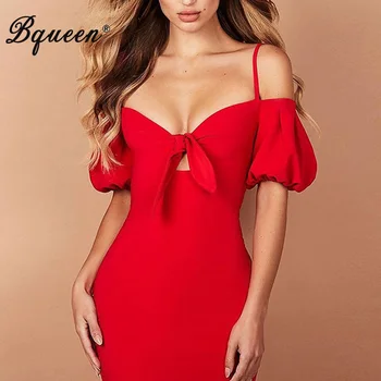 

Bqueen New Black/Red Women Bandage Dress Short Sleeve Zipper Hollow Out Elastic V Neck High Waist Dress Bodycon Party Clothes